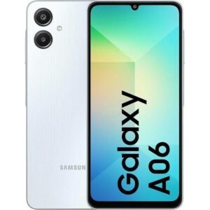 Vue combinée du smartphone Samsung Galaxy A06 en coloris blanc. Le côté gauche de l'image montre le dos texturé du téléphone avec le logo "SAMSUNG" discret en bas, et les deux objectifs de l'appareil photo positionnés verticalement dans le coin supérieur gauche. Le côté droit de l'image présente la face avant du téléphone avec son grand écran allumé affichant le texte "Galaxy A06" en orientation verticale et un fond géométrique coloré (vert, orange et blanc). Les bordures de l'écran sont visibles, et la caméra frontale est logée dans une encoche en forme de goutte d'eau.